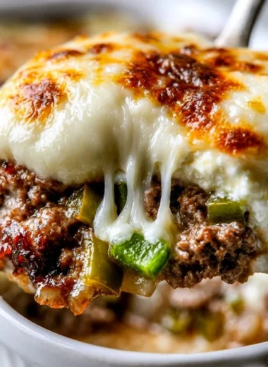 Low Carb Philly Cheesesteak Casserole in a baking dish topped with melted cheese