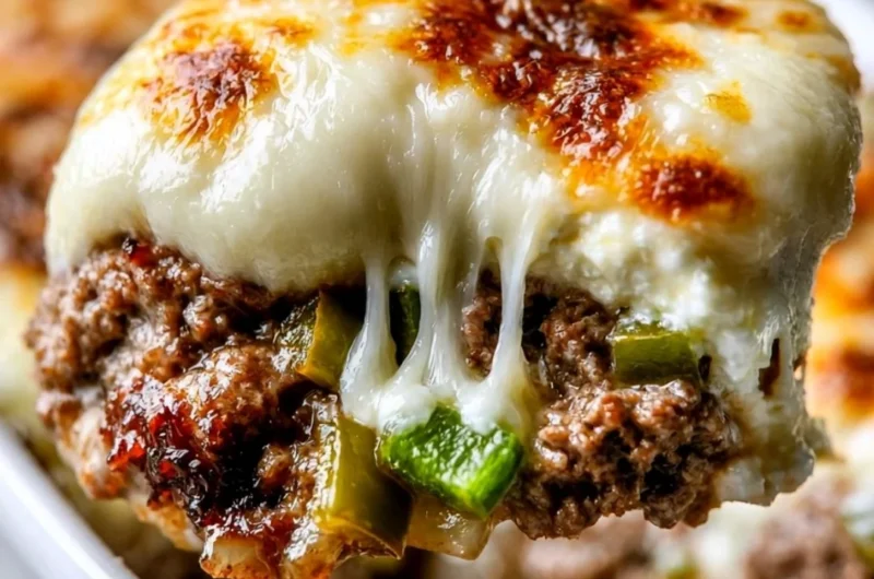 Low Carb Philly Cheesesteak Casserole in a baking dish topped with melted cheese
