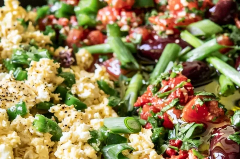 Colorful Mediterranean breakfast bowl with fresh vegetables and grains