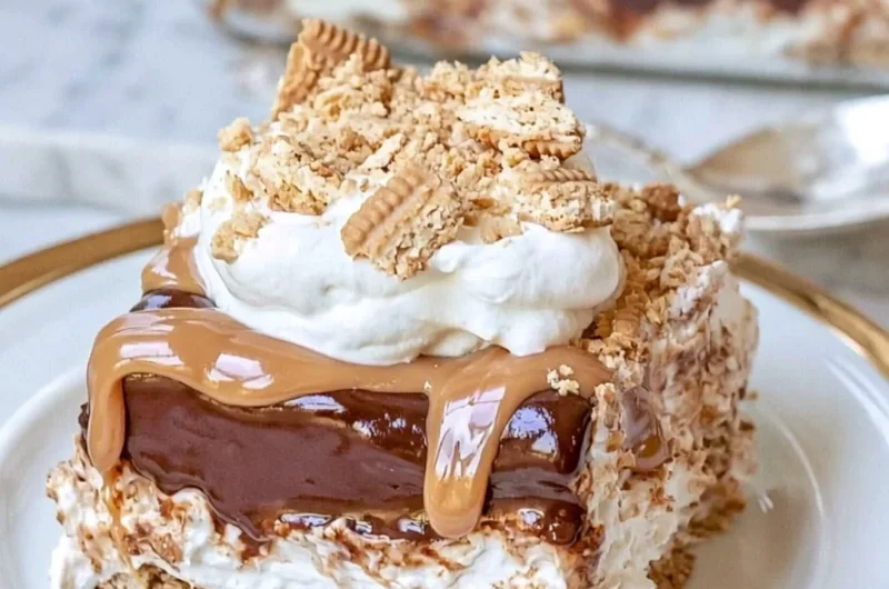 No Bake Peanut Butter Chocolate Lasagna dessert dish with layers of chocolate and peanut butter.