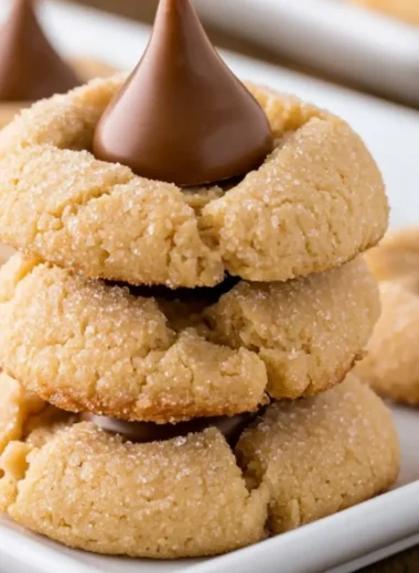 Delicious Peanut Butter Blossoms cookies with chocolate kisses on top