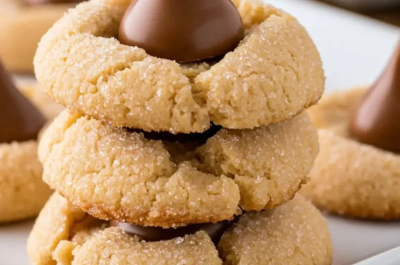 Delicious Peanut Butter Blossoms cookies with chocolate kisses on top