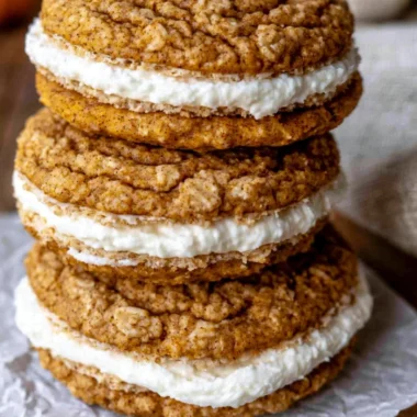 Delicious Pumpkin Oatmeal Cream Pies with creamy filling