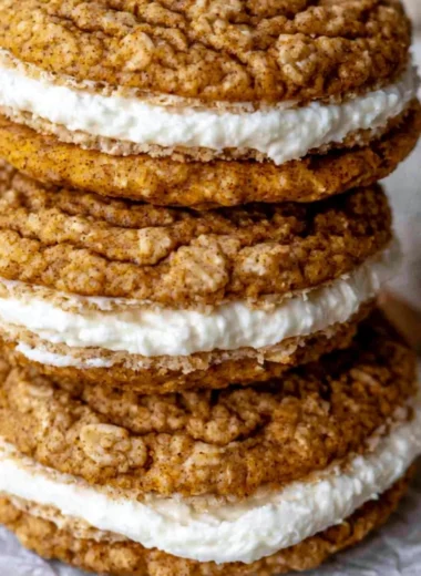 Delicious Pumpkin Oatmeal Cream Pies with creamy filling