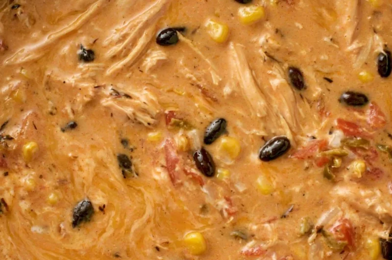 Bowl of slow cooker creamy chicken tortilla soup garnished with tortilla strips