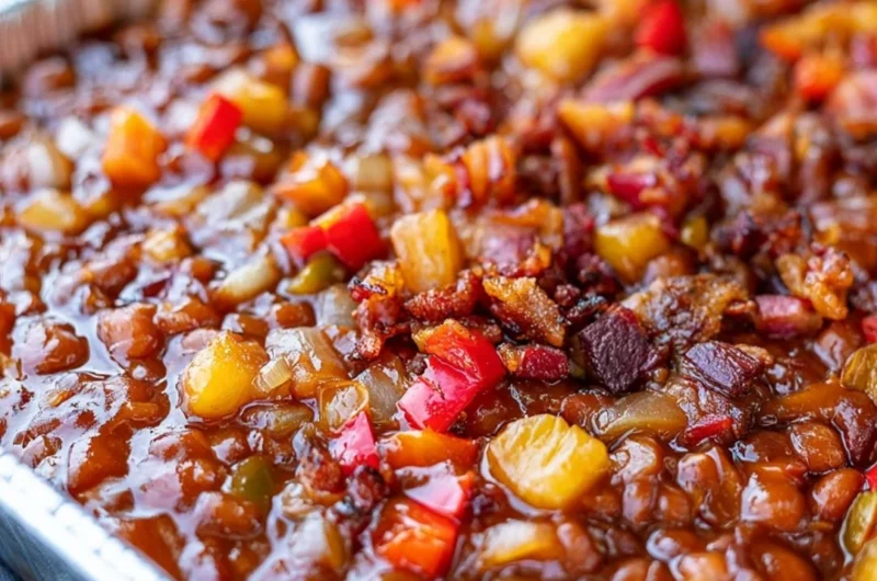 Delicious smoked BBQ beans in a rustic bowl, perfect for enhancing barbecue meals.