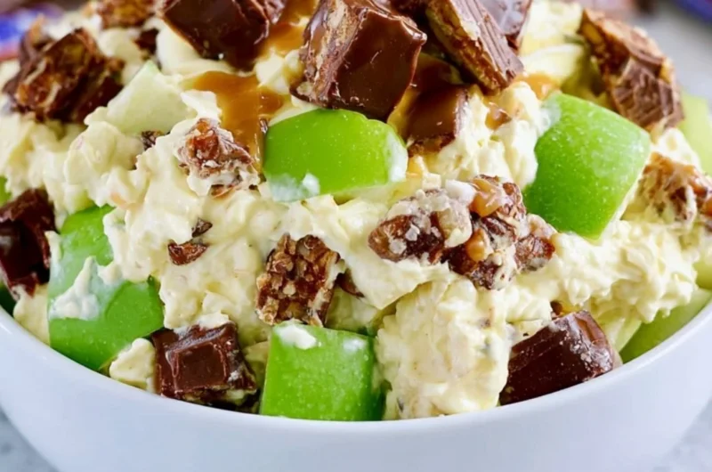 Delicious Snickers Apple Salad with chopped apples and chocolate candy