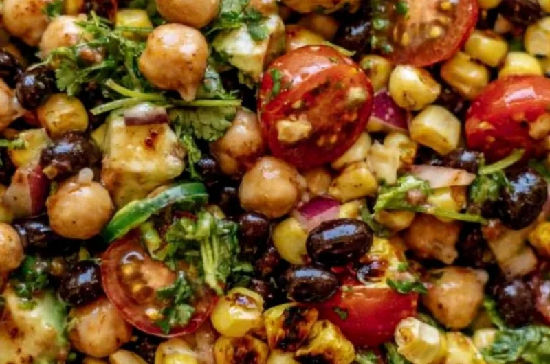Bowl of Southwest Chickpea Black Bean Salad with colorful veggies and beans