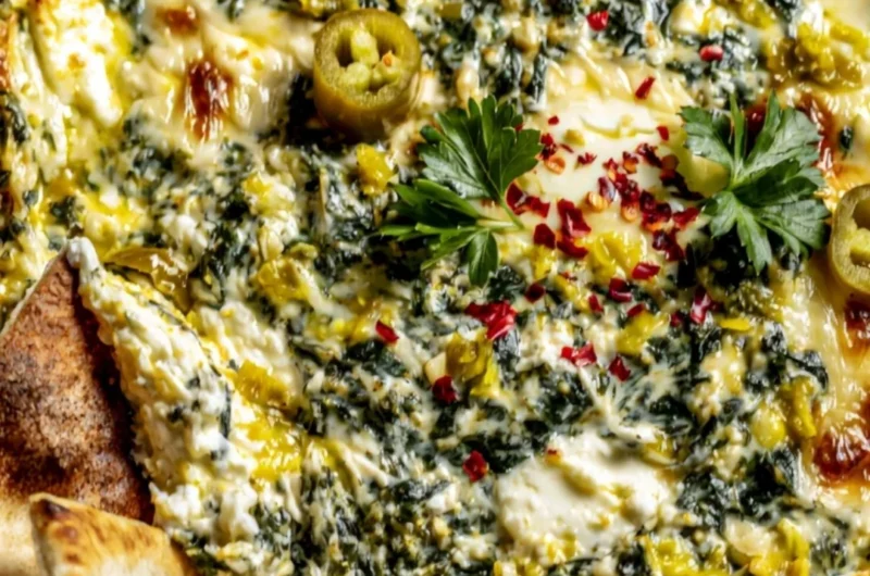 Creamy Spinach and Pepperoncini Baked Feta Dip served with pita bread.