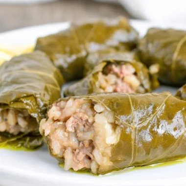 Plate of delicious stuffed grape leaves filled with rice and spices
