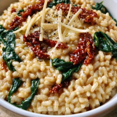 Creamy Sun-Dried Tomato and Spinach Risotto dish served in a bowl