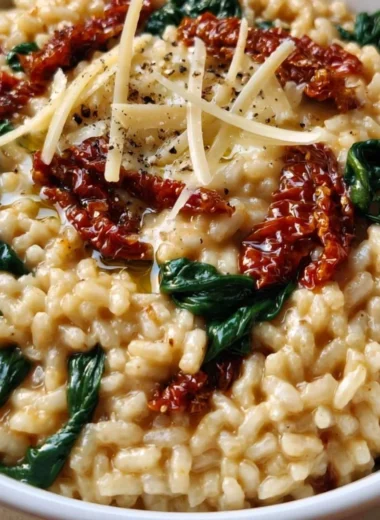 Creamy Sun-Dried Tomato and Spinach Risotto dish served in a bowl