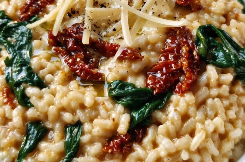 Creamy Sun-Dried Tomato and Spinach Risotto dish served in a bowl