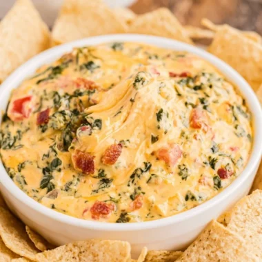 Delicious spinach dip served with chips and vegetables at a party