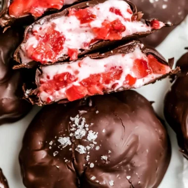 Chocolate strawberry frozen yogurt bites topped with fresh fruit.