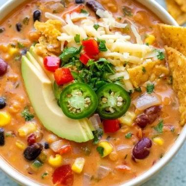 Bowl of decadent lentil tortilla soup garnished with fresh herbs and tortilla strips.