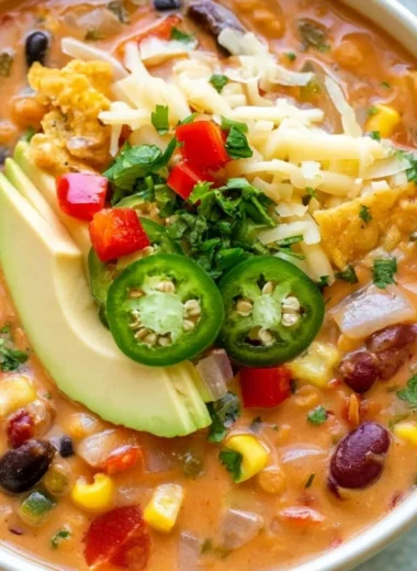 Bowl of decadent lentil tortilla soup garnished with fresh herbs and tortilla strips.