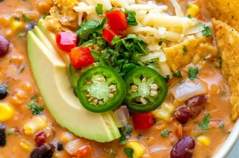 Bowl of decadent lentil tortilla soup garnished with fresh herbs and tortilla strips.