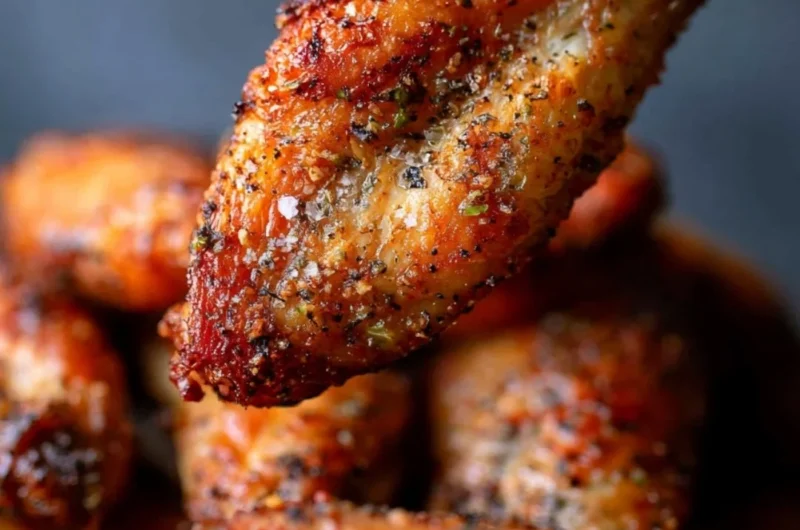 Crispy oven baked chicken wings served on a platter with dipping sauce.