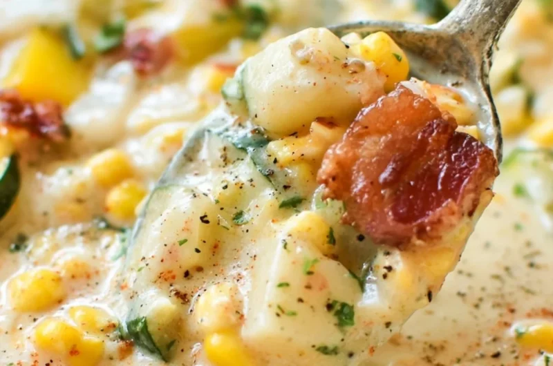 Bowl of Summer Corn and Zucchini Chowder with fresh herbs