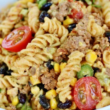 Delicious Taco Pasta Salad with colorful ingredients in a bowl