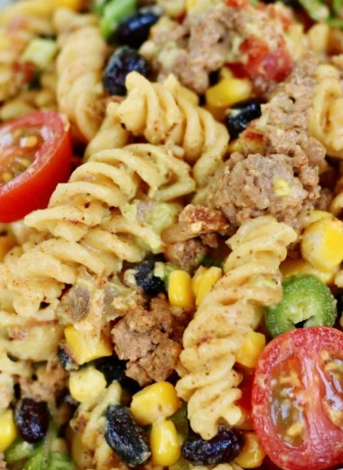 Delicious Taco Pasta Salad with colorful ingredients in a bowl